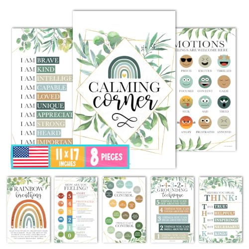 Hadley Designs 8 Calming Corner Posters for Classroom Must Haves -Calm Down Corner Supplies with Emotions Chart,School Counselor Mental Health Poster, Feelings Chart For Kids, Greenery Classroom Decor