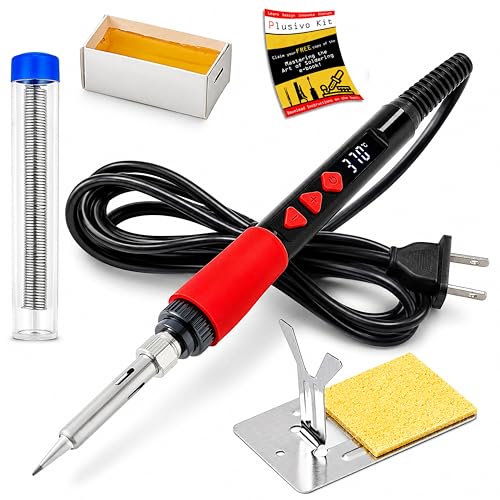 Soldering Iron Kit, 60W Digital LED Display Solder Pen, 5-in-1 Fast Heating with Solder Wire, Flux Rosin Paste, Mini Stand, Sponge for Electronics Repair Hobby DIY 120V US Plug from Plusivo