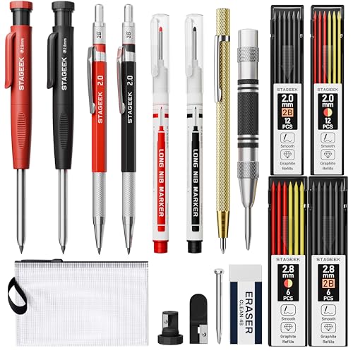17 Pack Mechanical Carpenter Pencil Set with Sharpener 40 Refills, Automatic Center Punch, Carbide Scribe Tool, Eraser and Deep Hole Marker Pen, Heavy Duty Construction Pencil for Architect with Pouch