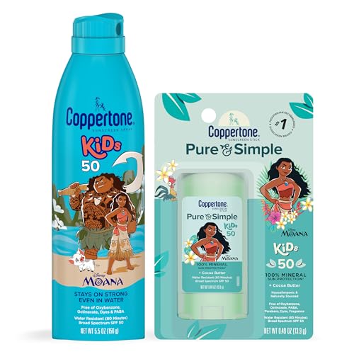 Coppertone Kids Sunscreen Spray SPF 50 (5 Oz Can) + Coppertone Pure and Simple Kids Mineral Sunscreen Stick SPF 50 (0.49 Oz Stick), Water Resistant, Free From Oxybenzone, Octinoxate, PABA and Dyes