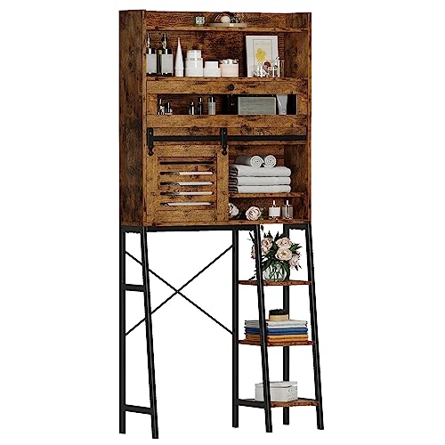 IRONCK Over The Toilet Storage Cabinet with Sliding Barn Door, 5-Tier Farmhouse Bathroom Organizer with Side Open Shelves, Freestanding Space Saver, Adjustable Shelf, Vintage Brown