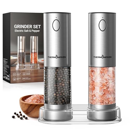 ThermoMaven Upgraded Larger Capacity Electric Salt and Pepper Grinder Set, 110ml Rechargeable Salt and Pepper Shaker with LED Light, Stainless Steel Automatic Pepper Mill with 6 Adjustable Coarseness