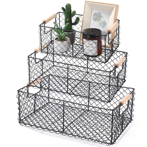 Honeydak 3 Set Wire Basket for Organizing with Wooden Handle Vintage Style Rectangle Mesh Metal Basket Food Storage Organizer for Home Kitchen Pantry Bathroom Picnic Cabinets(Black)