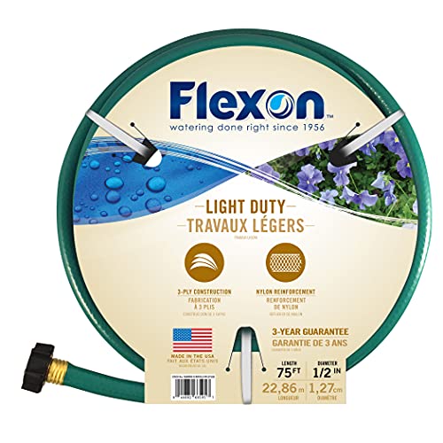 Flexon 1/2" x 75ft Light Duty Garden Hose – Lightweight, Flexible, Kink-Resistant, Durable Vinyl, Leak-Proof Couplings, Weather-Resistant Water Hose for Lawn, Garden, and Outdoor Use