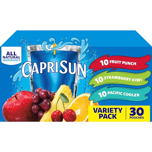 Capri Sun Flavored with Other Natural Flavor Juice Drink Blend, 30 Pouches, for School Lunches and On-the-Go Hydration, Fruit Punch, Strawberry Kiwi & Pacific Cooler, All Natural Ingredients, 6 fl oz