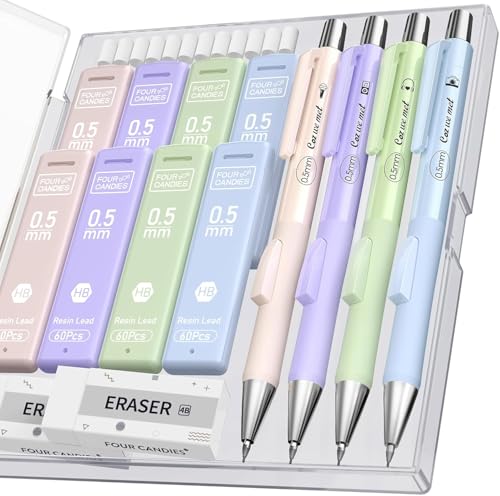 Four Candies Cute Mechanical Pencil Set with Case, 4PCS 0.5mm Pastel Fast Click Aesthetic Mechanical Pencils with 480PCS HB Lead Refills, 2 Erasers, 12 Eraser Refills School Supplies for Girls Writing