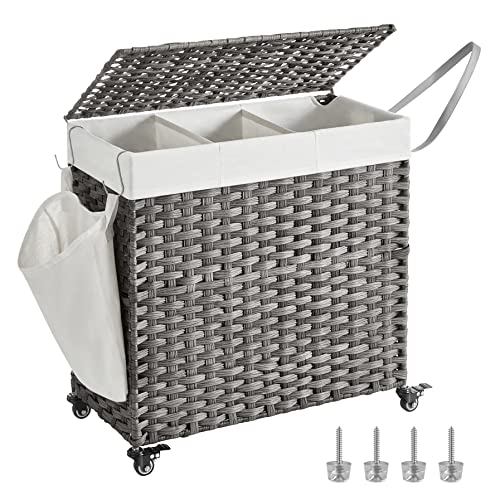 SONGMICS Laundry Hamper with Lid, 37 Gallons (140 L), Rolling Laundry Basket with Wheels, 3-Section Synthetic Rattan, Removable Liner, Bedroom, 26 x 13 x 26 Inches, Gray ULCB363G01