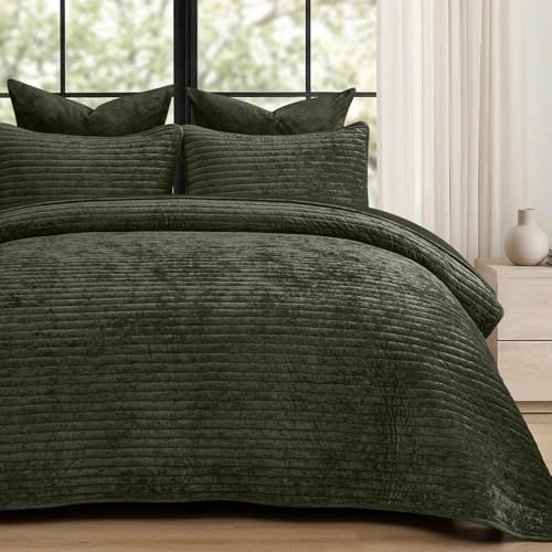 PHF Luxury Velvet Quilt Set King Size – 3PCS Ultra Soft Quilted Comforter Alternative with Striped Channel, Cozy Quilted Bedspread, 1 Coverlet with 2 Matching Shams, 108" x 92", Smokey Olive
