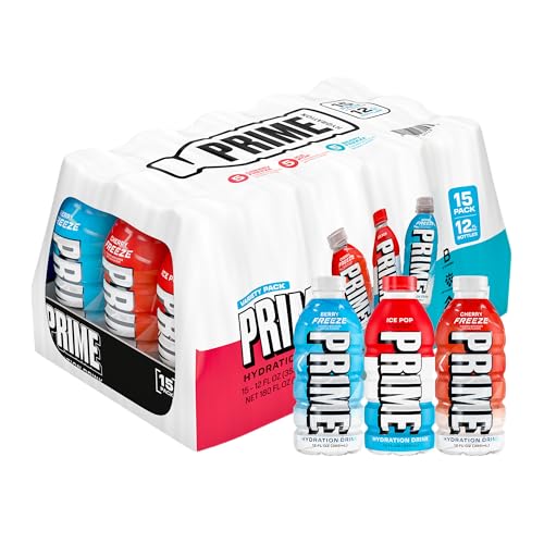 PRIME HYDRATION Variety, Berry Freeze, Cherry Freeze, & Ice Pop Sports Drinks, Electrolyte Enhanced to Replenish Fluids, Zero Added Sugar, B Vitamins, Antioxidants, Natural Flavors, 12 Fl Oz, 15 Pack