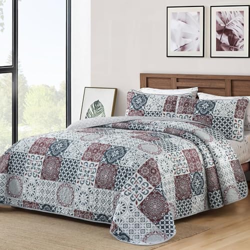 Dobuyly Patchwork Quilt Set Queen Size Boho Plaid Bedspread Red Grey Quilt Coverlet Set, 3 Pieces Soft Microfiber Lightweight Farmhouse Summer Bedding Set for All Seasons 96"x90"