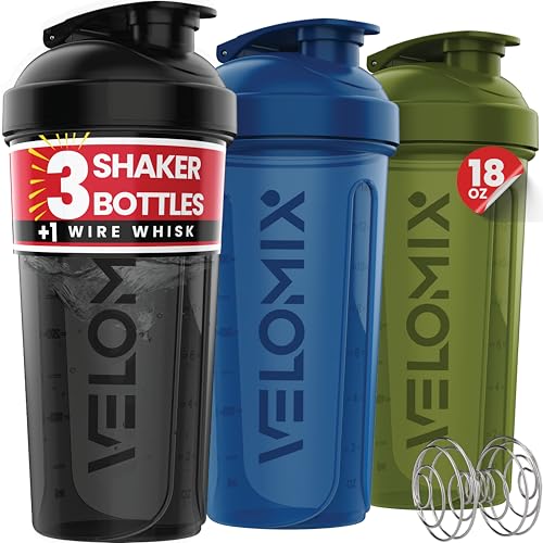 VELOMIX -3 PACK- 18 oz Protein Shaker Bottle for Protein Mixes - 1x Wire Whisk | Leak Proof Shaker Cups for Protein Shakes | Stackable Protein Shaker Bottle Pack | Dishwasher Safe