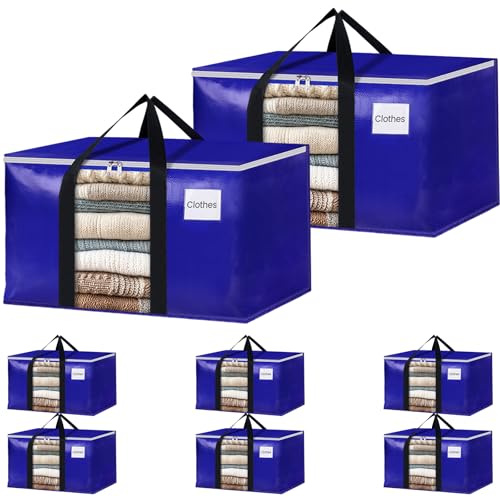 BlissTotes 8 Pack Moving Bags with Clear Window, Storage Bags with Strong Carrying Handles & Zippers,Large Packing Bags for Saving Space, Alternative to Moving Boxes(Blue,20 Gallon)