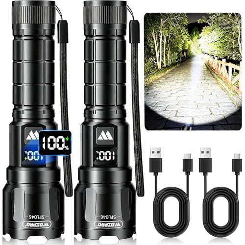 WdtPro Rechargeable Flashlights High Lumens 2Pack, Super Bright Flashlight Powerful, 3Mode Zoomable Tactical Flash Light with LCD Digital Display, Handheld LED Flashlights for Home Emergencies Camping