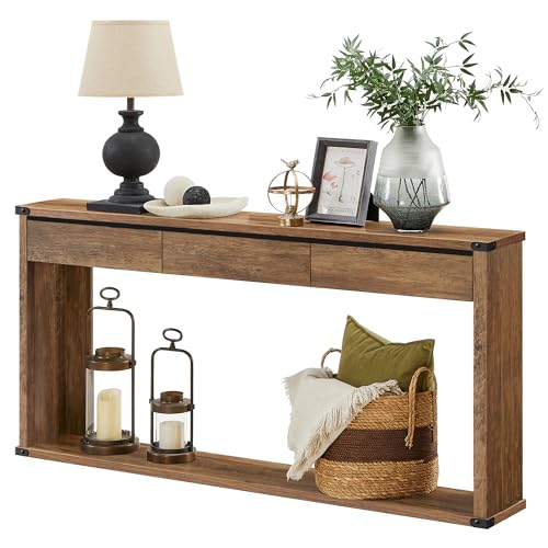 VASAGLE LIRY Collection - Sofa Console Table, 63 Inches Narrow Entryway Table with 3 Drawers, Bottom Shelf, Metal Corners, for Living Room, Bedroom, Farmhouse Style, Honey Brown ULNT146KB01S