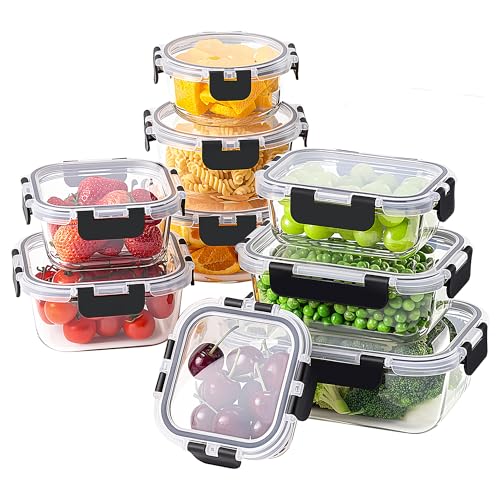 HOMBERKING 18 Piece Glass Food Storage Containers with Lids, Glass Meal Prep Containers, Airtight Lunch Bento Boxes, BPA-Free & Leak Proof, Oven, Freezer and Dishwasher Safe (9 lids & 9 Containers)