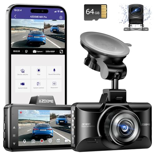 AZDOME Upgraded M01 Pro 3K WiFi Dash Cam Front and Rear, Free 64GB Card, App Control Dashboard Camera for Car, G-Sensor Parking Modes Dashcam, ADAS, Loop Recording (Matte Black)