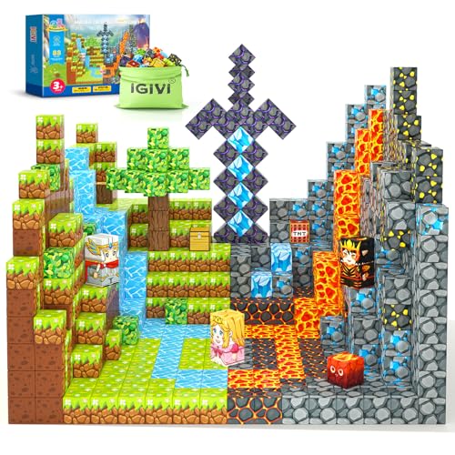 IGIVI Magnetic Blocks - Build Mine Magnet World Lava Valley Set, 1" Magnetic Cube Building Toys for Kids Ages 3+, Montessori Sensory Toys for Toddlers, Creative Game Themed Toy Gifts for Boys & Girls