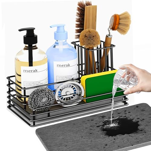 Yofidra Kitchen Sink Caddy: Sink Sponge with Instant Drying Stone, Metal Stainless Steel Dish Sponge Holder Basket for Sponges, Scrubbers, Soap, 9.5" X 5.5" X 5.7" Home Decor Storage and Organization