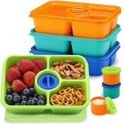 GadgBlizza Bento Snack Box Containers, Meal Prep Container Reusable for Kids, Stackable Bento Box Adult 4 Pack, Divided Food Storage Containers with Clear Lids, Sauce Container, Bright Colors