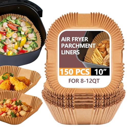UBeesize XL 10 Inch Air Fryer Paper Liners,150 PCS Parchment Paper, Air Fryer Disposable Paper Liner for Microwave, Non-Stick Air Fryer Liners Square Free of Bleach (Bottom size 9 Inch)
