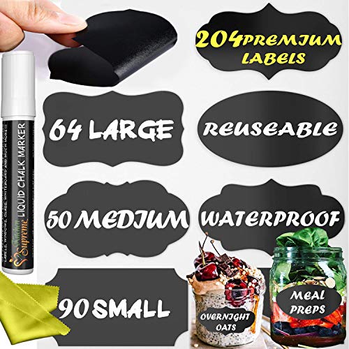 Chalkboard Labels Stickers for Storage Bins - PREMIUM 204 Sticker Bundle + Chalk Marker & Cleaning Cloth - Decorate your Bins, Container or Mason Jars in Style with Removable Tags for Kitchen & Office