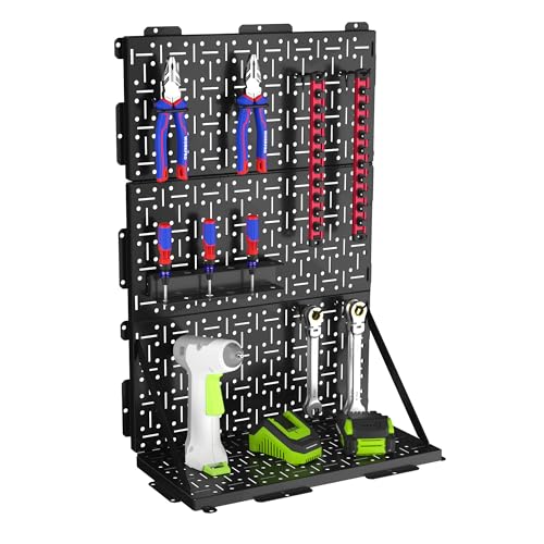 WORKPRO 16”x 16” Metal Peg Board, Foldable Black Pegboard for Wall Organization, Steel Panel with Round Holes & Vertical Slots, Ideal Tool Organizer in Office and Craft Room, 2 Pack