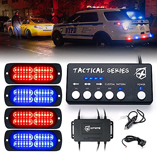Xprite 24 LED Surface Mount Strobe Lights Kit with Control Panel, Grill Grille Side Marker Flashing Emergency Warning Police Light Assembly for Trucks Vehicles ATV RV Cars Van Red Blue, 4PCS
