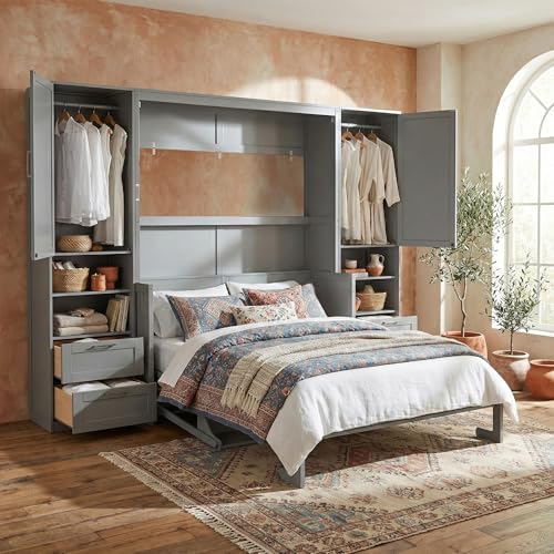 Merax Queen Size Murphy Bed with Desk, Multifunctional Foldable Wall Bed with Closet, Drawers and Shelves, Space-Saving Wood Platform Bed Frame for Small Spaces Studio Study Office Guest Room, Gray
