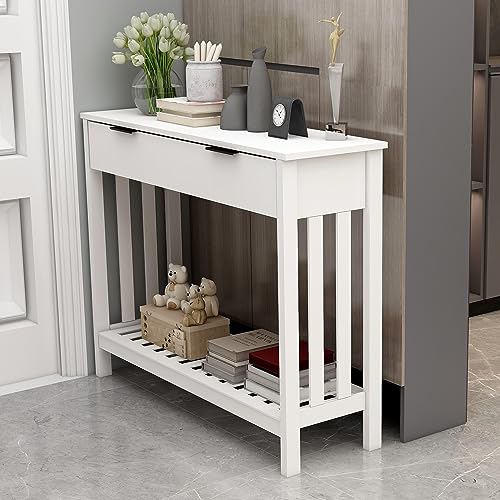 TaoHFE White Narrow Console Table with Storage Modern Wood Entryway Table with Drawer Hallway Table Sofa Tables for Living Room, Entrance Tables for Front Door Corridor, Office, White