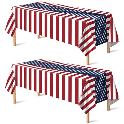 OHOME 4th of July Decorations - Patriotic American Flag Plastic Tablecloth for 250th Anniversary | Fourth of July Accessories Memorial Day Decor for Home Outdoor Outside Party Favors,54"x108",2 Pack