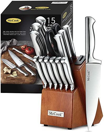 McCook® Knife Sets, German Stainless Steel Kitchen Knife Block Sets with Built-in Sharpener, 15 Piece Chef Knife and More, Razor Sharp, Restaurant Grade, Anti-Rust, Elegant Box for Gift