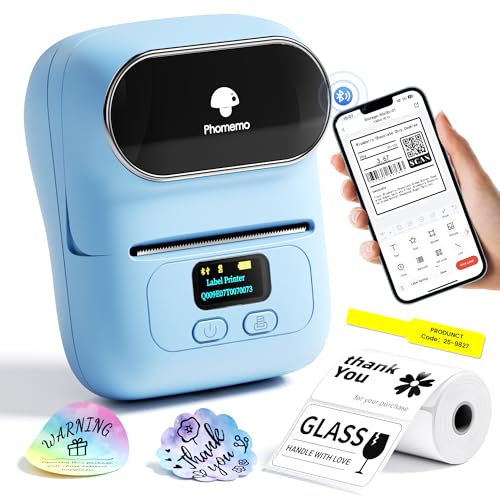 Phomemo Barcode Label Printer - M110 Label Maker Portable Bluetooth Label Maker Machine for Small Business, Barcode, Address, Logo, Clothing, Jerwery, Thermal Printer Compatible with Phones & PC, Blue