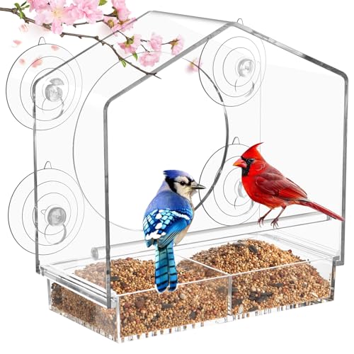 Jarkyfine Clear Window Bird Feeder with Slide-Out Removable Tray - 4 Strong 2.36 Inch Suction Cups Acrylic House - See-Through Window Feeders for Outside - Bird Watching for Mom, Cats & Elders
