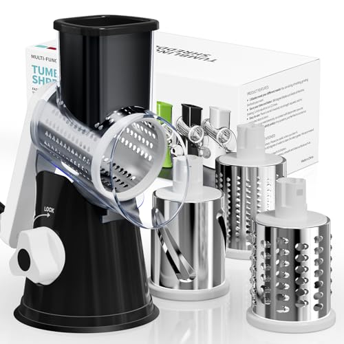 Nexsujo Cheese Grater Hand Crank, Rotary Cheese Shredder with 3 Interchangeable Blades for Coarse, Fine Shredding and Slicing, Strong Suction Base for Pizza, Pasta, Salad, Vegetables, Nuts, Chocolate