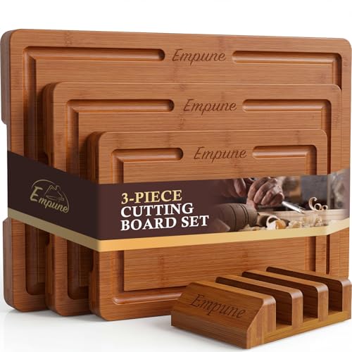 Empune Bamboo Cutting Boards for Kitchen, 3 Piece Extra Thick Cutting Board Set with Juice Groove, Deep Carbonized Bamboo Chopping Board, Reversible Wood Cutting Board for charcuterie boards, Brown