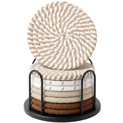 Lazebox Coasters Set of 8 for Drinks, Beer, Coffee, Cotton Woven 4 Colors Absorbent Coaster with Holder, Boho Coasters for Home Decor Tabletop Protection Suitable for Kinds of Cups, Coffee