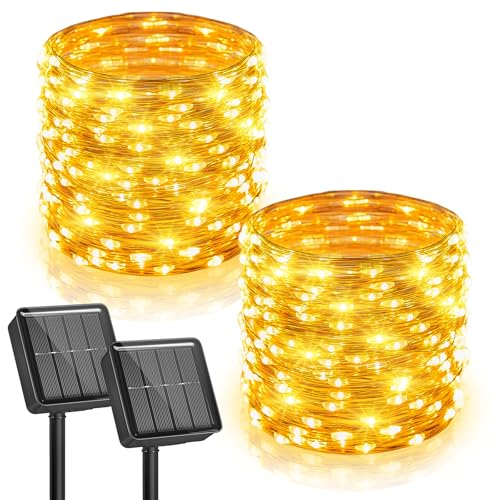 Minetom 2 Pack Solar Fairy Lights, Total 66 FT 200 LED Solar String Lights Outdoor Waterproof with 8 Modes, Christmas Lights for Outside Patio Fence Party Garden Yard Holiday Tree Decor (Warm White)