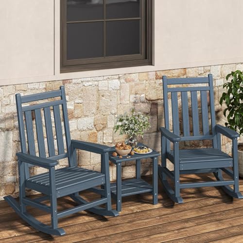 Garvee HDPE Rocking Chair Outdoor Set of 2 with Side Table - Poly High Back Porch Rocker Chairs for Adults - All Weather Resistant Furniture for Patio Front Porch - Navy Blue