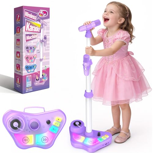 Stand Karaoke Machine for Kids, Singing Toys Gifts for 3 4 5 6 7 8 Year Old Girls Boys, Rechargeable Kid Microphone Bluetooth Speaker with 2 Wireless Mic for Girl Age 4-6 Toddler Birthday Party Toy