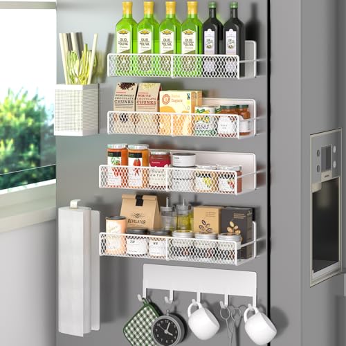 Magnetic Spice Rack for Refrigerator, 7 Pack 100% Metal Strong Magnet Shelves, Kitchen Spice Organizer W/ Hook Rack, Paper Towel Holder, Utensils Caddy, Home Laundry Room Storage Organization (White)
