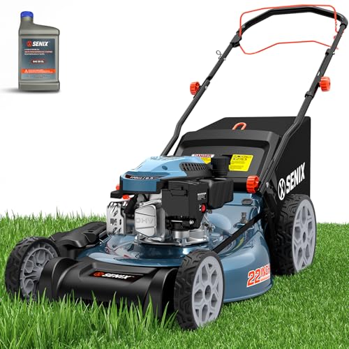 SENIX 22" Self-Propelled Gas Lawn Mower, Gas Powered Lawn Mower,170cc 4-Cycle Engine, Easy Start, 3-in-1 Mulching Bagging Side Discharge, 6 Cutting Height(1.25” - 4”), Durable Steel Deck,Foldable