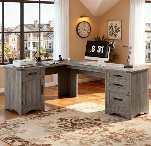 Decofy 67" Farmhouse L Shaped Standing Desk with Drawers Home Office Executive Desks with Fast Charging Station, Lockable File Cabinet, Wood Writing Computer Desk for Work, Study, Grey