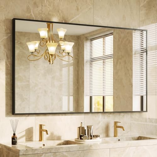 DUMOS Bathroom Mirror for Over Sink, 48" x 30" Rectangle Wall Mount Mirror with Metal Frame, Modern Vanity Mirrors with Tempered Glass, for Home Decor, Anti-Rust, Horizontal or Vertical, Black