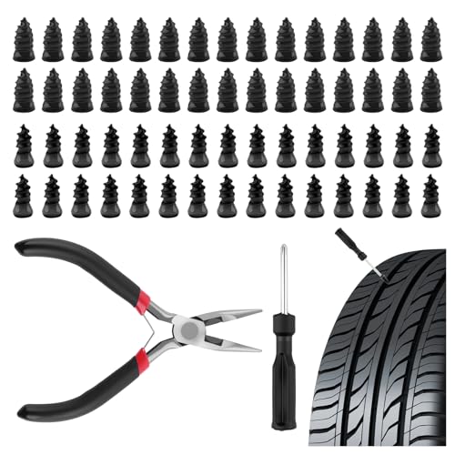 Figpade 60PCS Screw in Tire Plugs with Pliers & Screwdrivers,Heavy Duty Tire Repair Rubber Nail Kit for Emergency Puncture Fixes,Universal Screw Tires Plug Kit Car Tools for Roadside Use