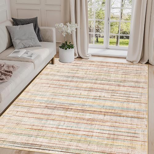 GAOMON 5x7 Living Room Rug Contemporary Washable Foldable Accent Carpet Non Skid Modern Abstract Striped Area Rugs Soft Low-Pile Non-Shedding Floor Cover for Bedroom Entryway, Colorful