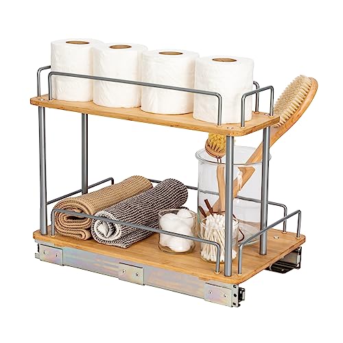 Household Essentials Glidez Steel and Bamboo Pull-Out/Slide-Out Storage Organizer for Under Sink or Cabinet Use - 2 -Tier Design - Fits Standard Size Cabinet or Shelf, Brushed Silver and Natural