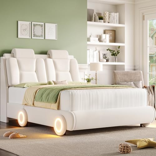 Keyluv Queen Led Car Bed Frame with Wheels Decor & Adjustable Curved Headboard Modern Upholstered Platform Bed with Detachable Pillows Solid Wooden Slats Support No Box Spring Needed, Velvet Beige