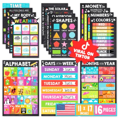 Hadley Designs 16 Educational Posters for Classroom Must Haves - Laminated Pre-K Posters for Toddler Homeschool Essentials, Toddler & Preschool Learning Activities, Kindergarten Classroom Decor