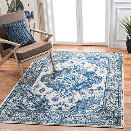 SAFAVIEH Monaco Collection Area Rug - 8' x 10', Ivory & Blue, Non-Shedding & Easy to Clean, Distressed Medallion Design, Ideal for Living Room, Bedroom, Dining Space (MNC243A)