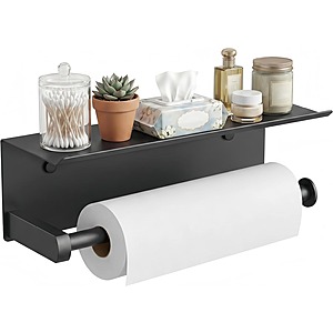 FORIOUS Paper Towel Holder with Shelf, SUS304 Stainless Steel Paper Towel Holder with Storage Shelf, Wall Mount Screw Paper Roll Organizer Commercial Paper Hand Towel Dispensers, Mattle Black